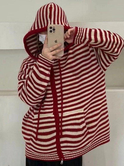 Elarova | Hooded Gestreifter Langarmstrickstrickjacke