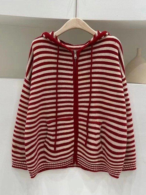 Elarova | Hooded Gestreifter Langarmstrickstrickjacke
