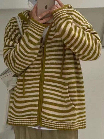 Elarova | Hooded Gestreifter Langarmstrickstrickjacke