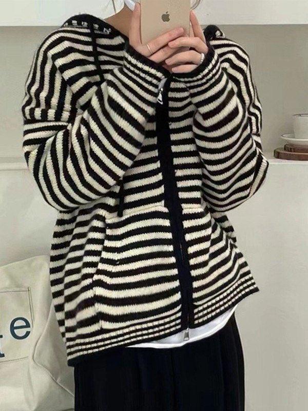 Elarova | Hooded Gestreifter Langarmstrickstrickjacke