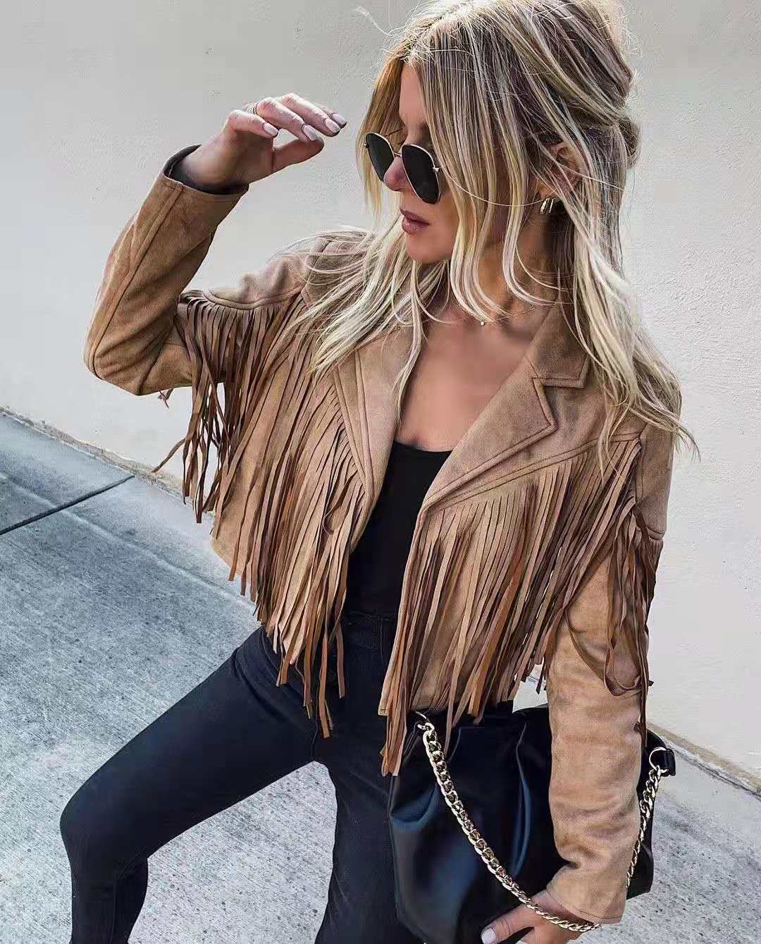 Elarova | Jugendlicher Wildleder-Jackentrend - Fransen-Cardigan mit Troddelsaum, E-Girl Bikerjacke, 90er Vintage Streetwear, Cooles Design