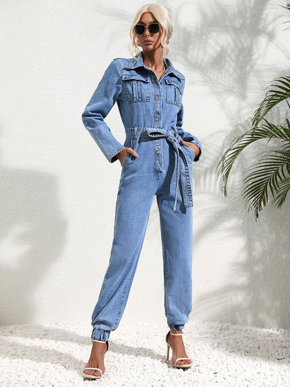 Elarova | Jumpsuit mit Pattentasche und Jeansgürtel