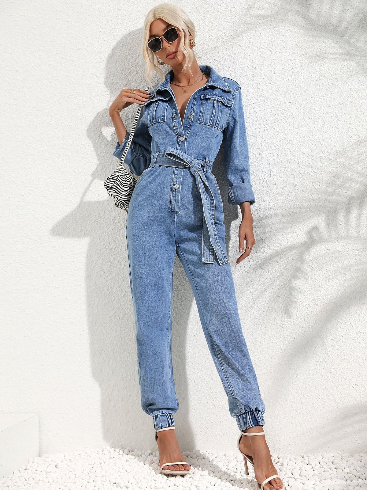 Elarova | Jumpsuit mit Pattentasche und Jeansgürtel