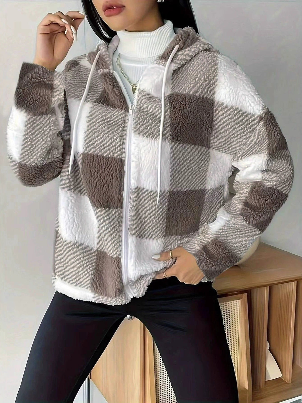 Elarova | Kariert Teddy Hoodie Jacke | Warm und Bequem für den Winter