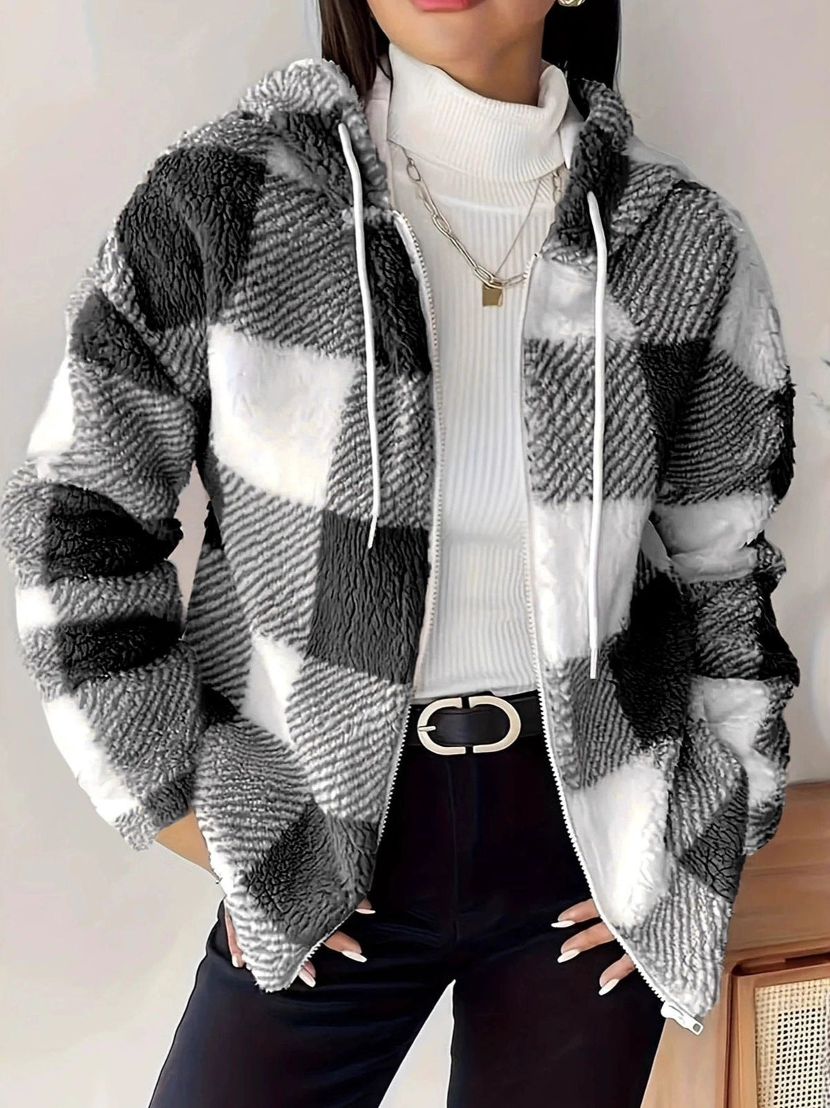 Elarova | Kariert Teddy Hoodie Jacke | Warm und Bequem für den Winter