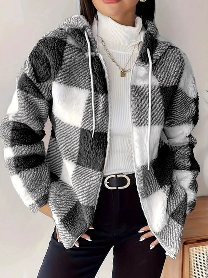 Elarova | Kariert Teddy Hoodie Jacke | Warm und Bequem für den Winter