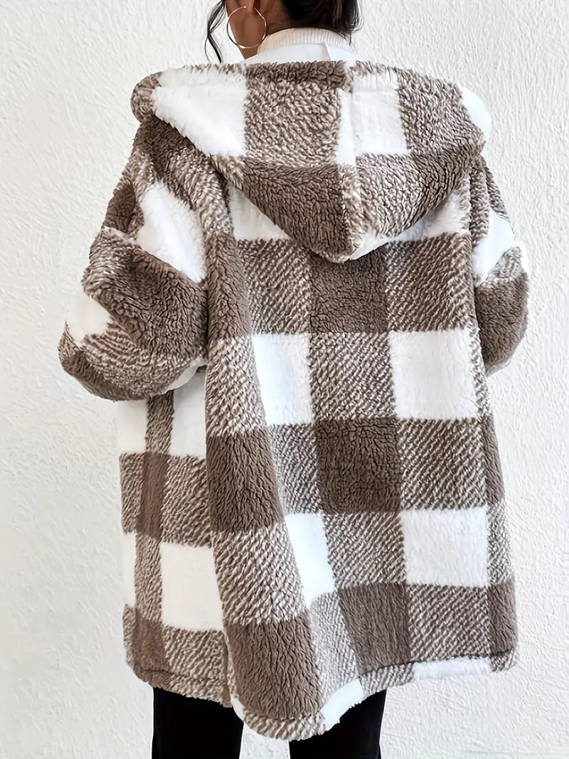 Elarova | Kariert Teddy Hoodie Jacke | Warm und Bequem für den Winter