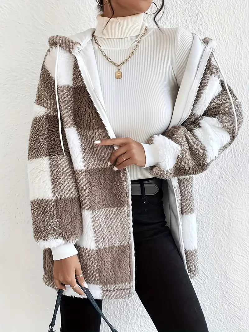 Elarova | Kariert Teddy Hoodie Jacke | Warm und Bequem für den Winter