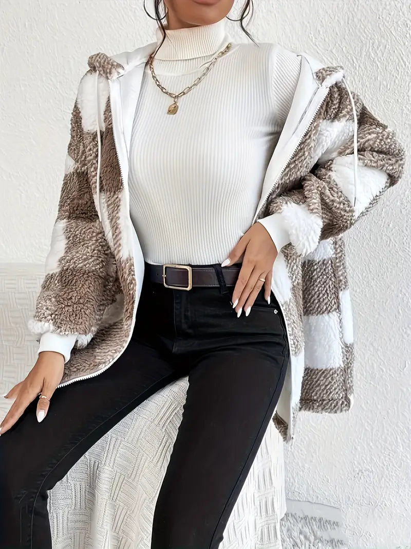 Elarova | Kariert Teddy Hoodie Jacke | Warm und Bequem für den Winter