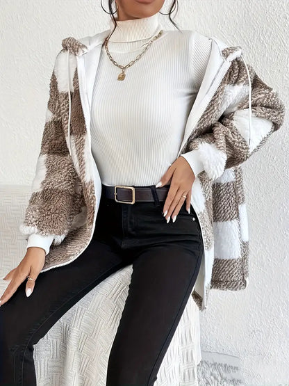 Elarova | Kariert Teddy Hoodie Jacke | Warm und Bequem für den Winter