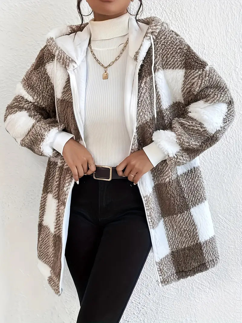 Elarova | Kariert Teddy Hoodie Jacke | Warm und Bequem für den Winter