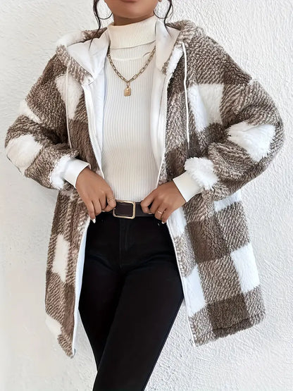 Elarova | Kariert Teddy Hoodie Jacke | Warm und Bequem für den Winter