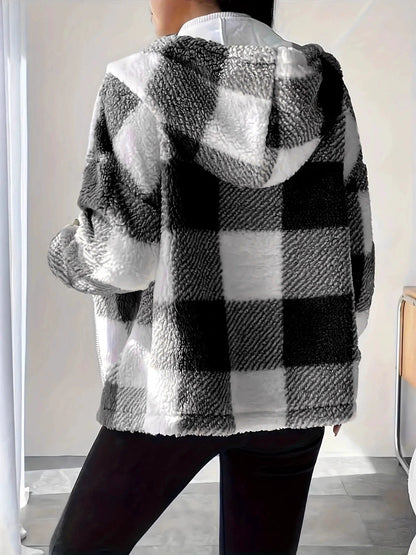 Elarova | Kariert Teddy Hoodie Jacke | Warm und Bequem für den Winter