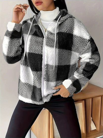 Elarova | Kariert Teddy Hoodie Jacke | Warm und Bequem für den Winter