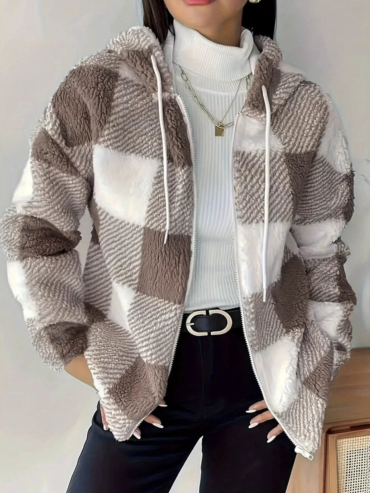 Elarova | Kariert Teddy Hoodie Jacke | Warm und Bequem für den Winter