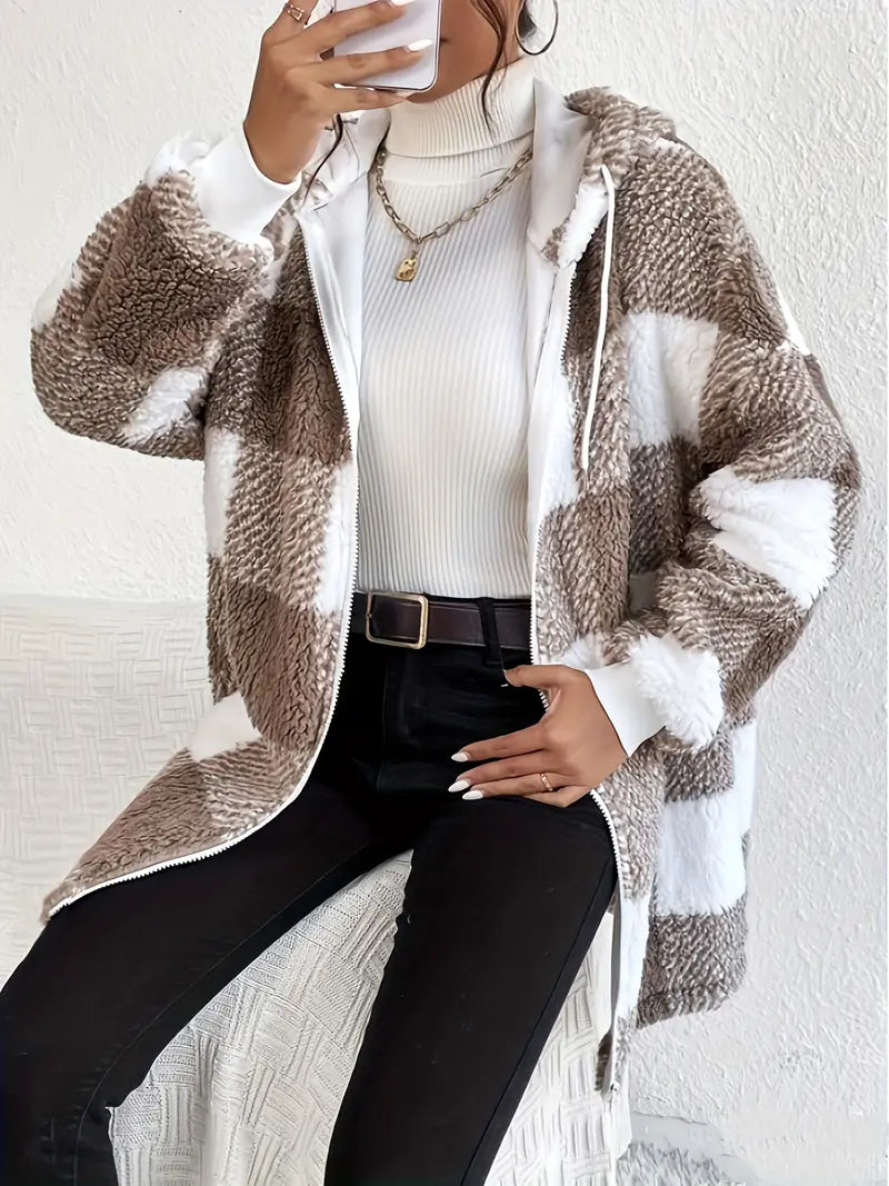 Elarova | Kariert Teddy Hoodie Jacke | Warm und Bequem für den Winter