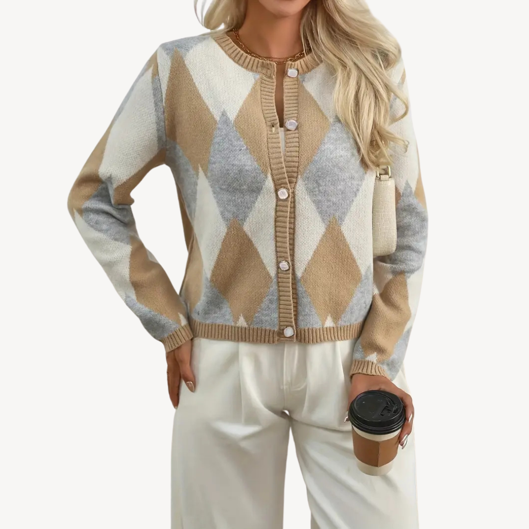 Elarova | Karierte Strickjacke mit V-Ausschnitt für Damen