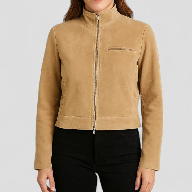 Elarova | Kurze DamenWildlederjacke mit Stehkragen