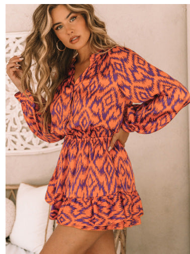 Elarova Langarmkleid mit Stehkragen, elastischer Taille und Druck