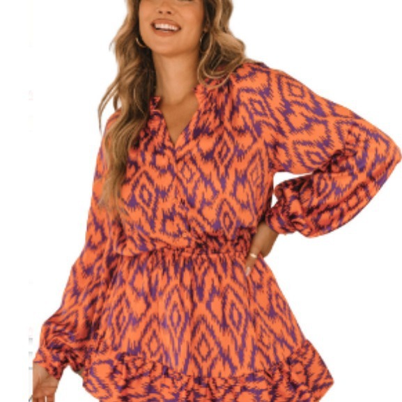 Elarova Langarmkleid mit Stehkragen, elastischer Taille und Druck