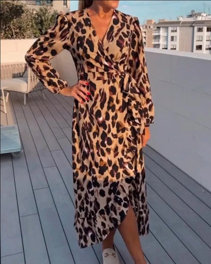 Elarova Langarmkleid mit sexy V-Ausschnitt und Leopardenmuster