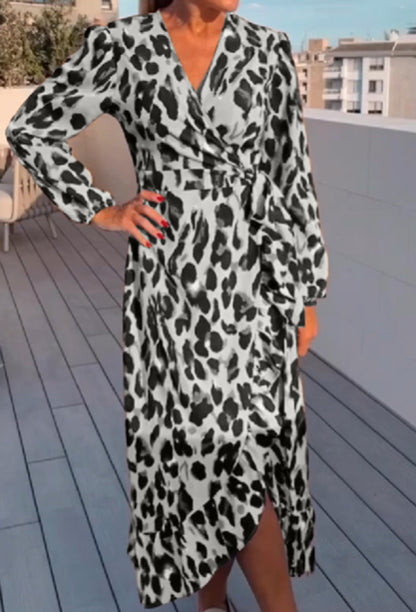 Elarova Langarmkleid mit sexy V-Ausschnitt und Leopardenmuster