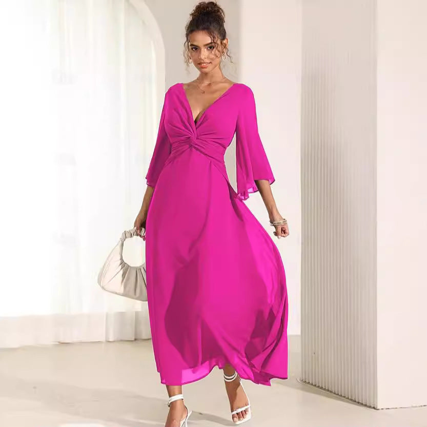 Elarova Langarmshirt, einfarbiges V-Ausschnitt-Maxikleid