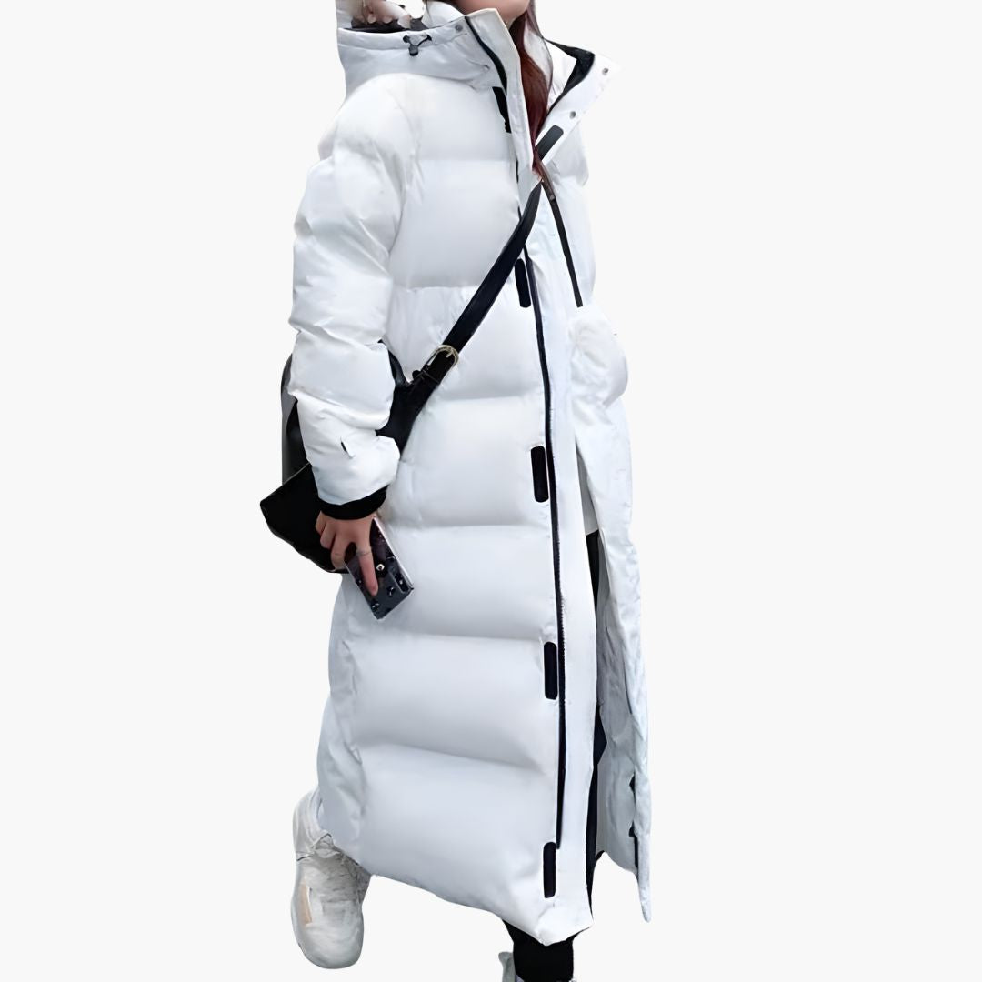 Elarova | Lange Damenjacke mit Kapuze hohem Kragen und Frontreißverschluss