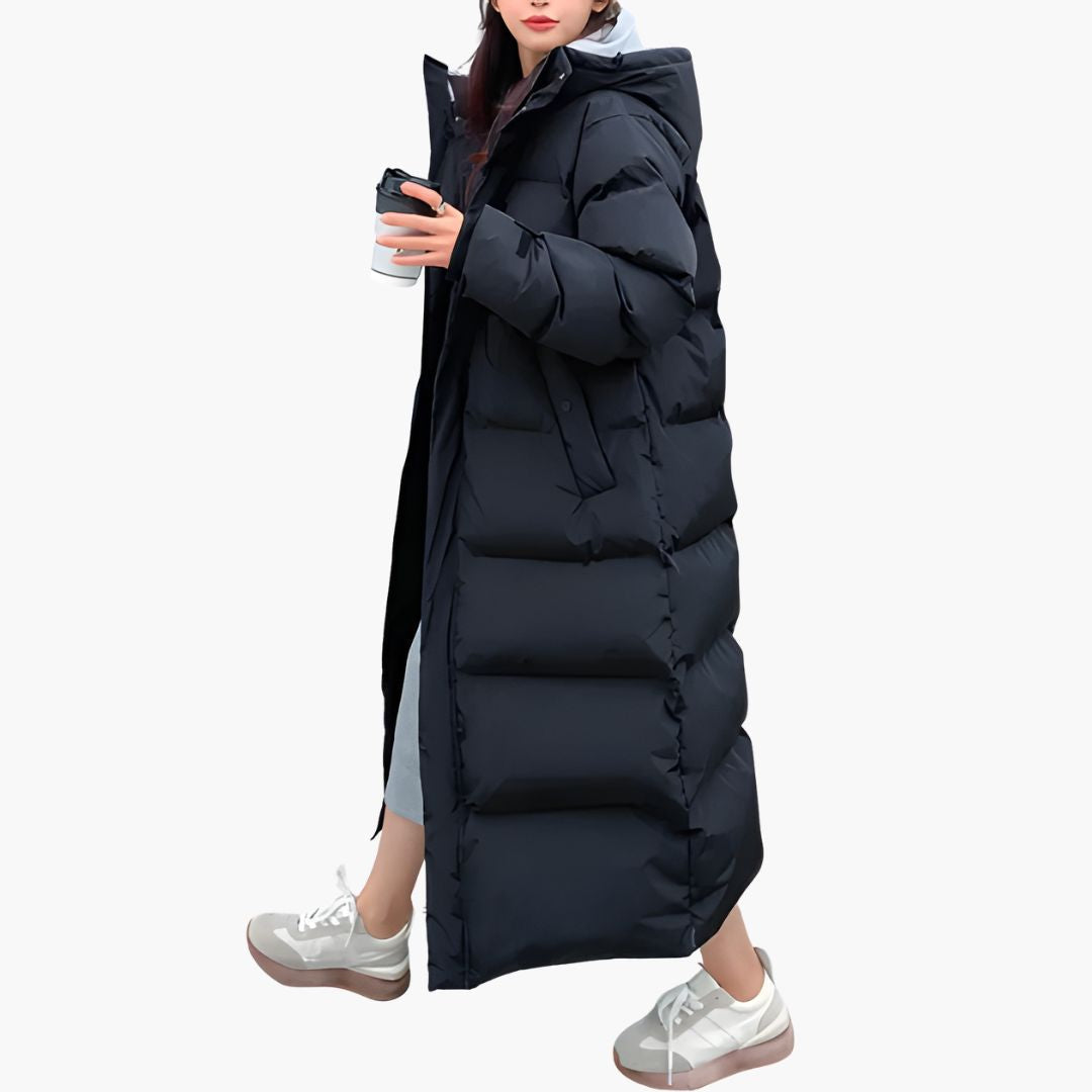 Elarova | Lange Damenjacke mit Kapuze hohem Kragen und Frontreißverschluss