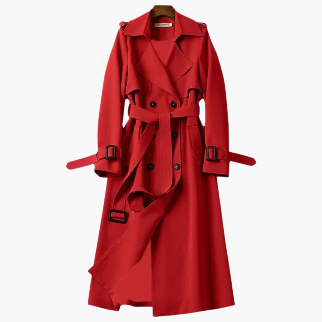 Elarova | Langer Damen-Trenchcoat mit Taillengürtel und Doppelknöpfen