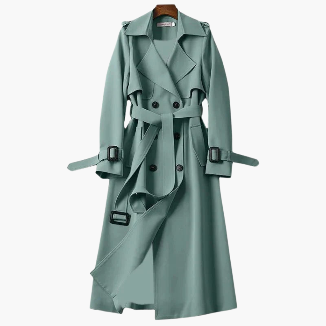 Elarova | Langer Damen-Trenchcoat mit Taillengürtel und Doppelknöpfen