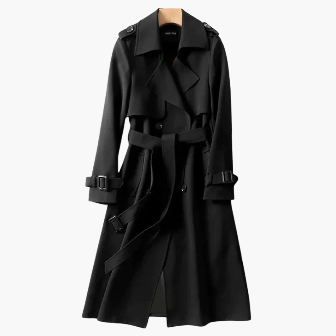 Elarova | Langer Damen-Trenchcoat mit Taillengürtel und Doppelknöpfen