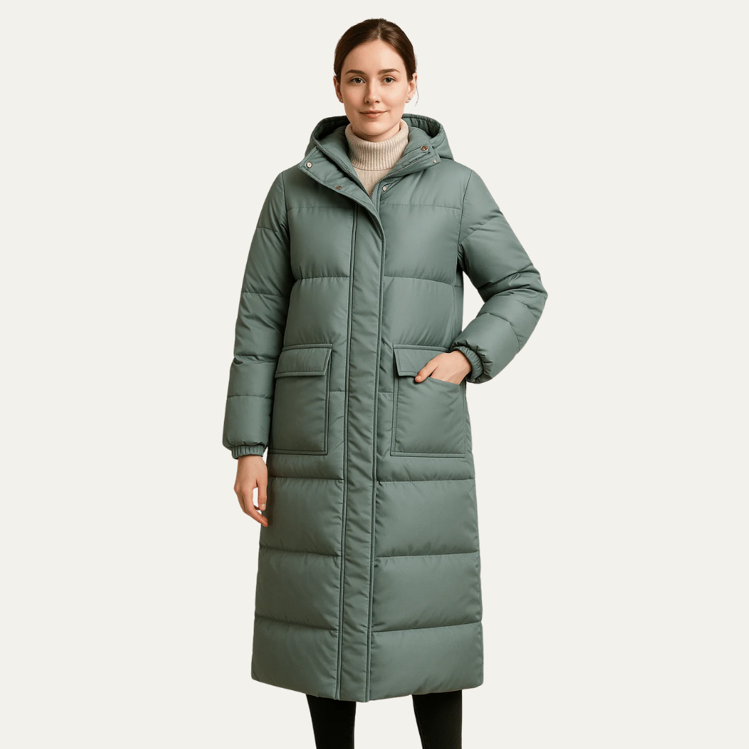 Elarova | Langer, gesteppter Damen-Daunenmantel mit Kapuze