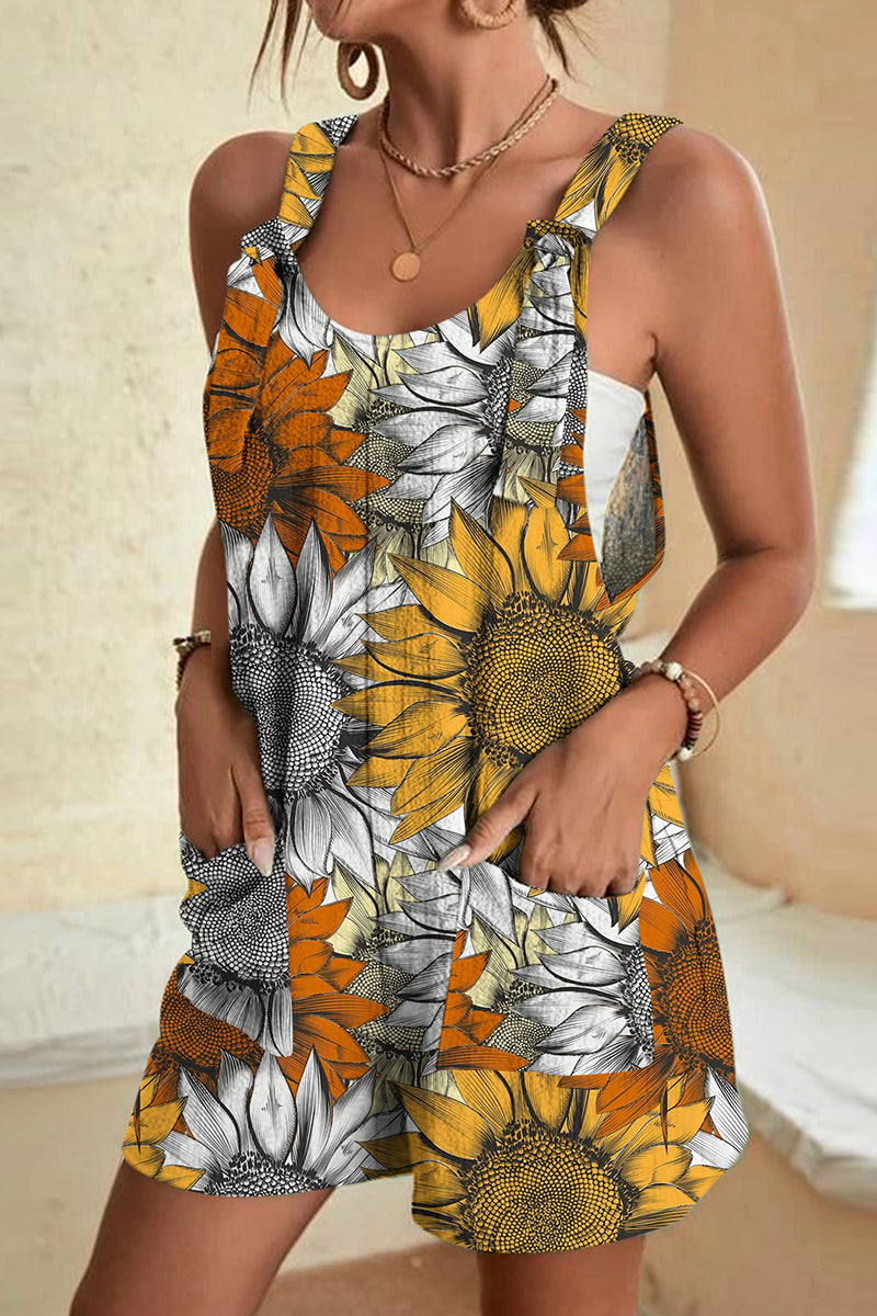 Elarova | Lässig Druck Patchwork Tasche U Ausschnitt Lose Jumpsuits- 10 Farben