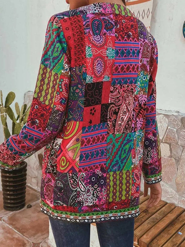 Elarova | Lässige retro Baumwolle und Leinen bedruckte lockere langärmelige Cardiganjacke