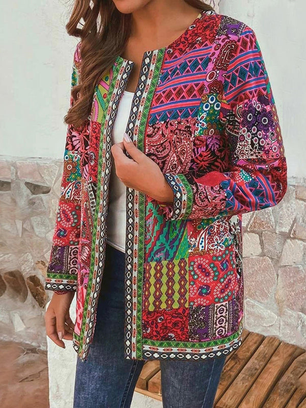 Elarova | Lässige retro Baumwolle und Leinen bedruckte lockere langärmelige Cardiganjacke
