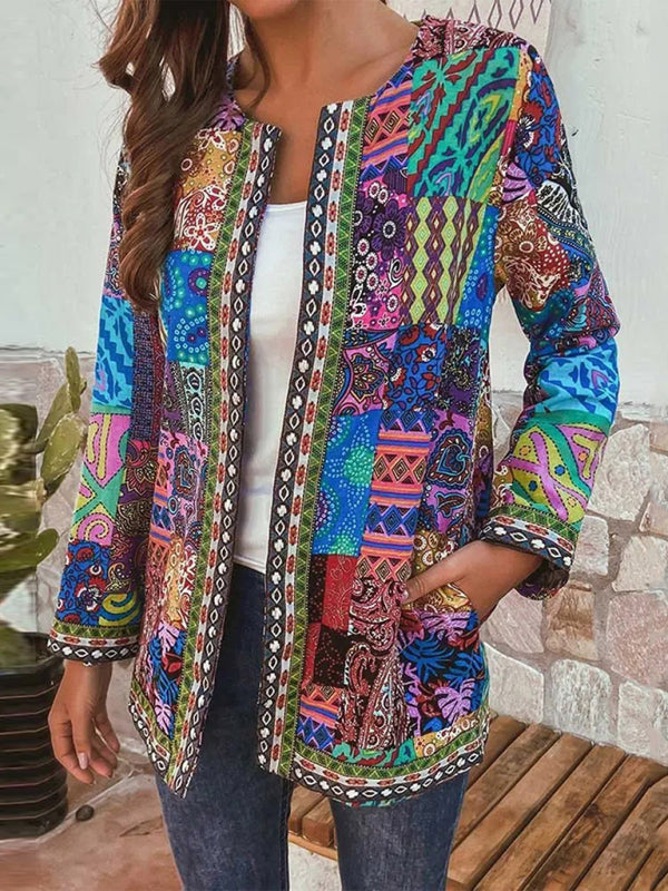 Elarova | Lässige retro Baumwolle und Leinen bedruckte lockere langärmelige Cardiganjacke