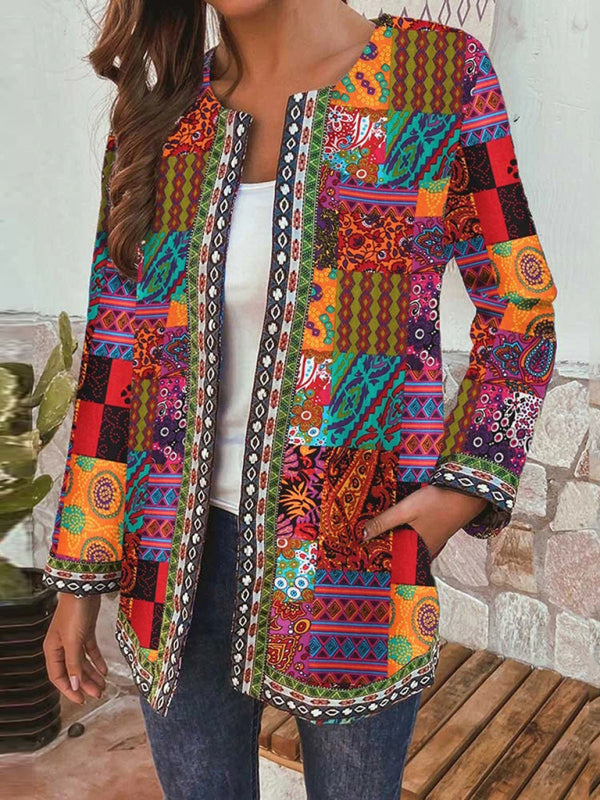 Elarova | Lässige retro Baumwolle und Leinen bedruckte lockere langärmelige Cardiganjacke