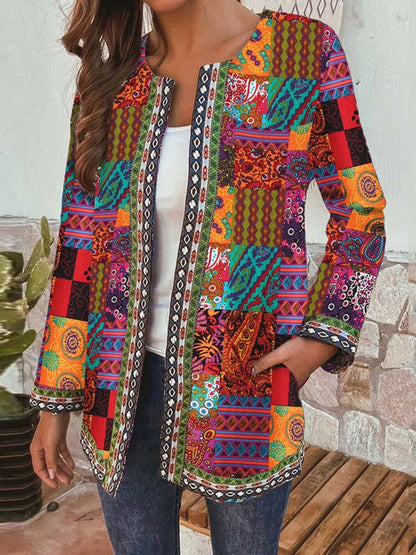 Elarova | Lässige retro Baumwolle und Leinen bedruckte lockere langärmelige Cardiganjacke