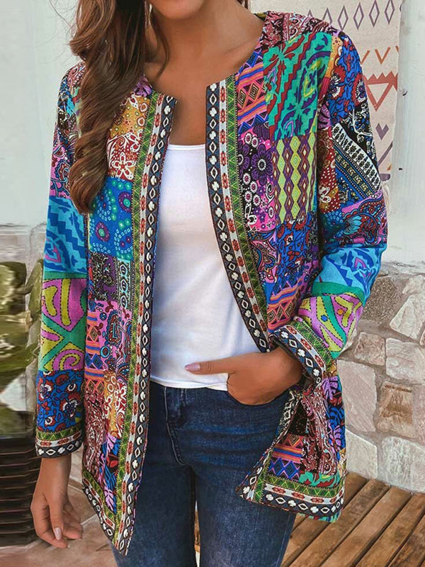 Elarova | Lässige retro Baumwolle und Leinen bedruckte lockere langärmelige Cardiganjacke
