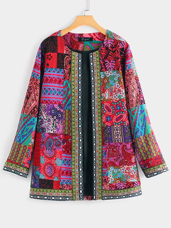 Elarova | Lässige retro Baumwolle und Leinen bedruckte lockere langärmelige Cardiganjacke