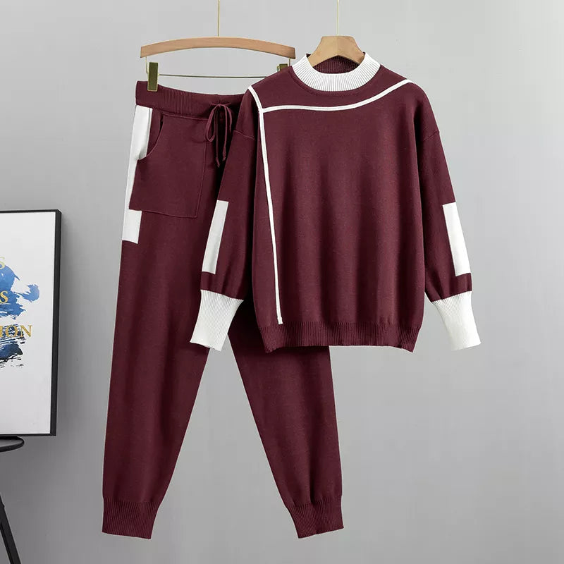 Elarova | Lässiges Herbst Strick Patchwork Oberteil und Hose Set für Frauen