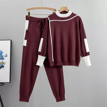 Elarova | Lässiges Herbst Strick Patchwork Oberteil und Hose Set für Frauen