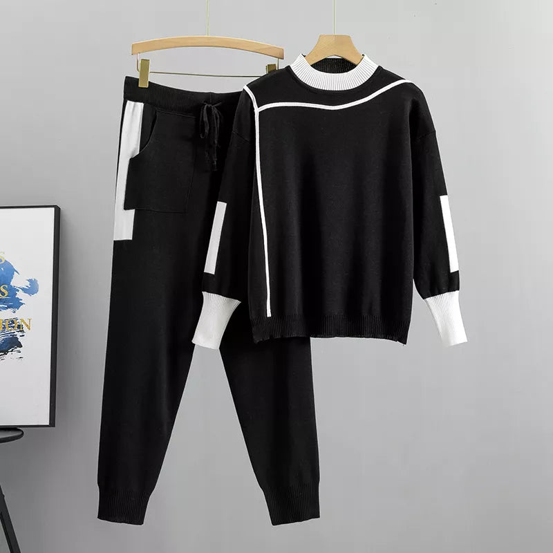 Elarova | Lässiges Herbst Strick Patchwork Oberteil und Hose Set für Frauen