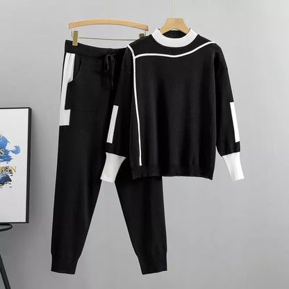 Elarova | Lässiges Herbst Strick Patchwork Oberteil und Hose Set für Frauen