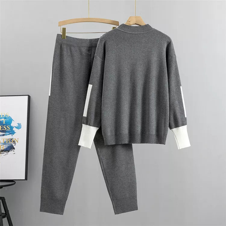 Elarova | Lässiges Herbst Strick Patchwork Oberteil und Hose Set für Frauen