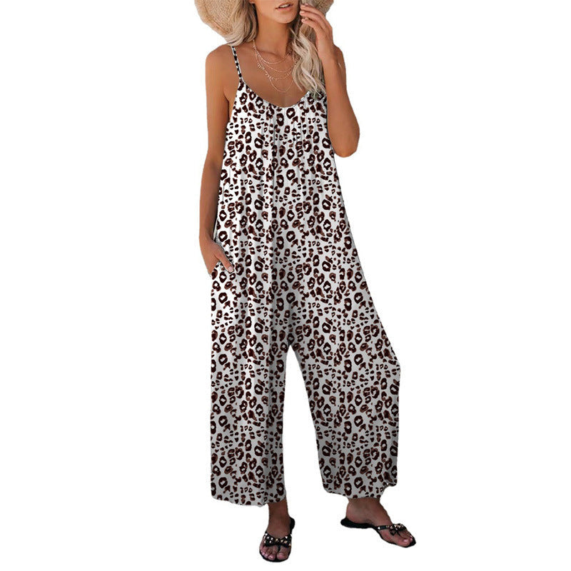 Elarova | Leopard-Print-Tasche Lockerer Träger Einteiler Overall
