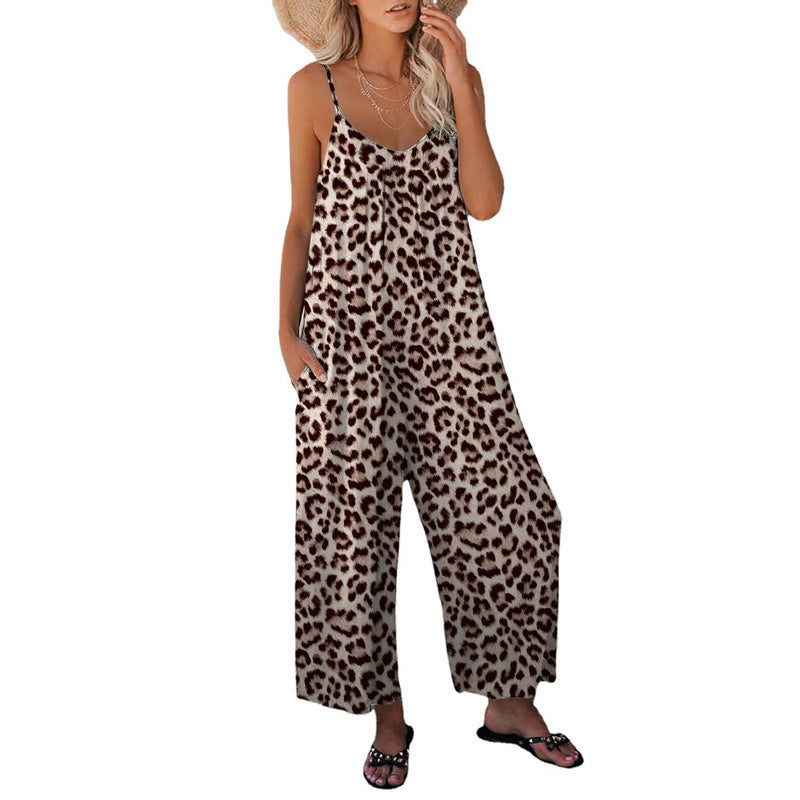 Elarova | Leopard-Print-Tasche Lockerer Träger Einteiler Overall
