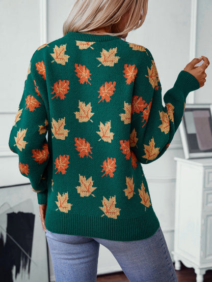 Elarova | Maple Leaf Jacquard Freizeit Pullover Sweater