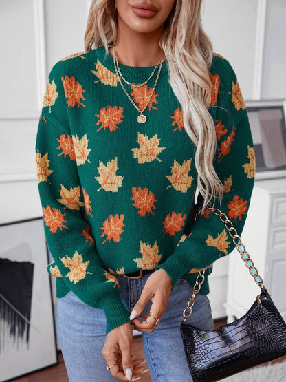 Elarova | Maple Leaf Jacquard Freizeit Pullover Sweater